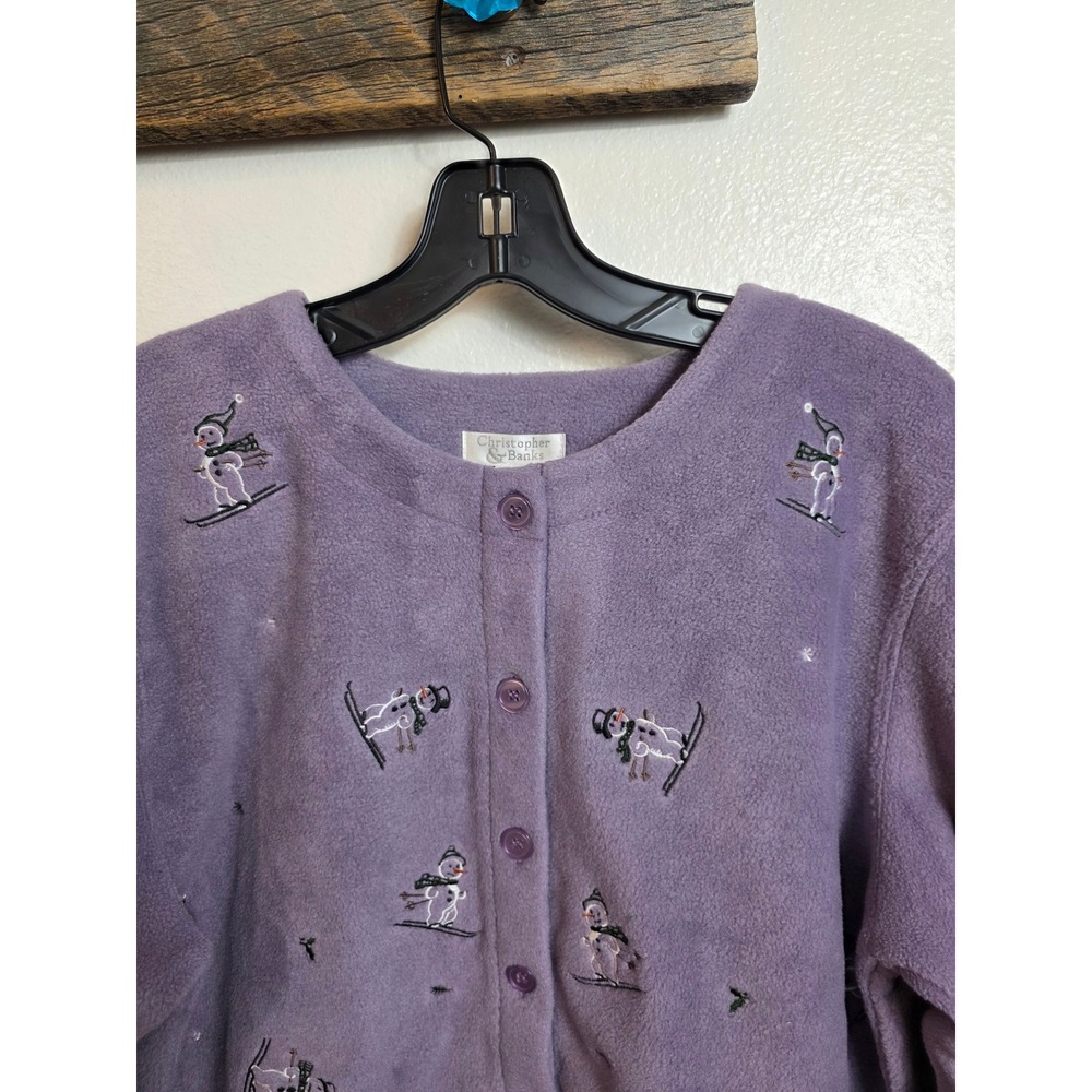 Vintage Christopher & Banks Fleece Cardigan Sweater Purple Snowman Ski Large - Picture 7 of 13